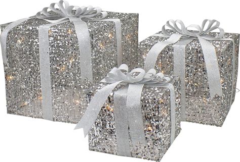 christmas metal wire gift boxes kohls|Set of 3 LED Lighted Silver Glitter Threaded Gift .